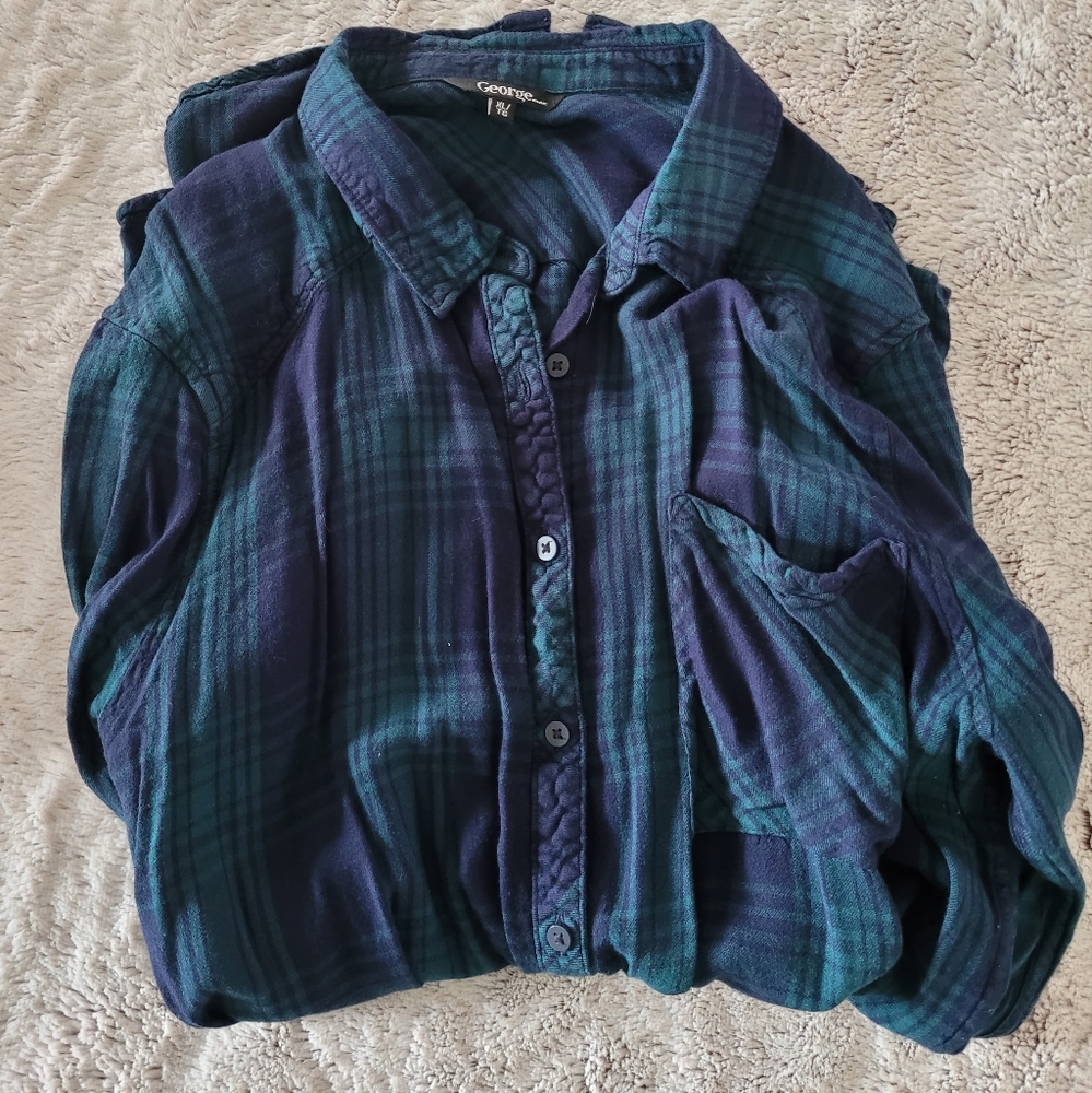 Women's Blue/Green Plaid Button Up Shirt - Size XL